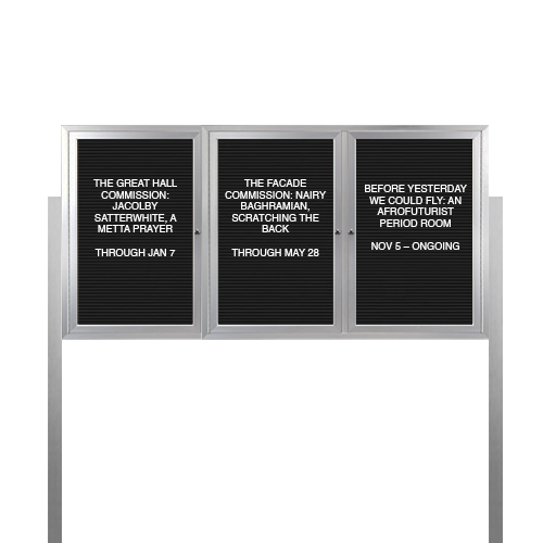 EXTREME WeatherPLUS Multi-Door Radius Edge Outdoor Enclosed Letter Boards with Posts | Shown in Satin Silver finish with Black Letterboard Panel and 3 Locking Doors