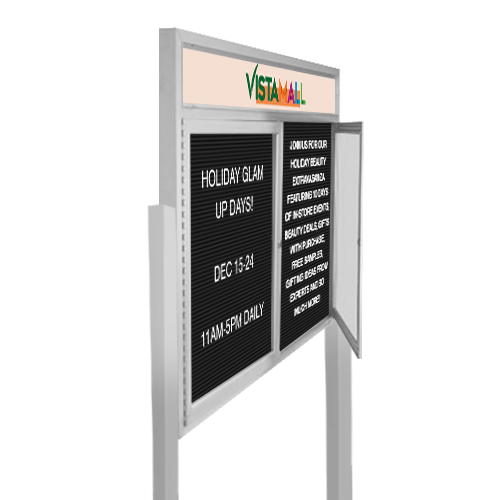 EXTREME WeatherPLUS Multi-Door Radius Edge Outdoor Enclosed Letter Boards with Header and Posts | Shown in Satin Silver finish with Black Letterboard Panel and 2 Locking Doors