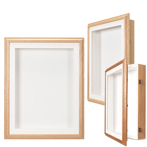 SwingFrame Designer Wood Framed Oak Wall Display Case 2-inch Deep in 12 Sizes + Custom Sizes