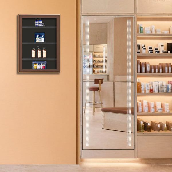 Metal Framed SwingFrame Designer Wall Wooden Display Case 4" Deep with Shelves in 25+ Sizes