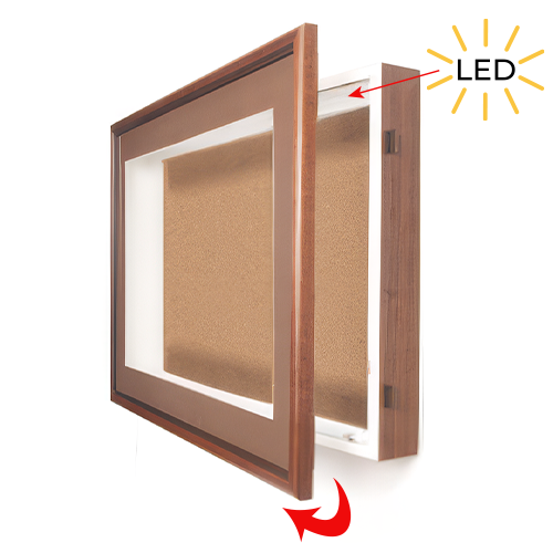 22x28 SwingFrame Designer Wood Framed Lighted Cork Board Display Case 2 Inch Deep