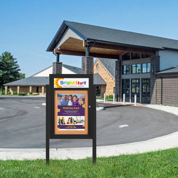 SwingCase Standing 30x40 Lighted Outdoor Bulletin Board Enclosed w Header + Posts (One Door)