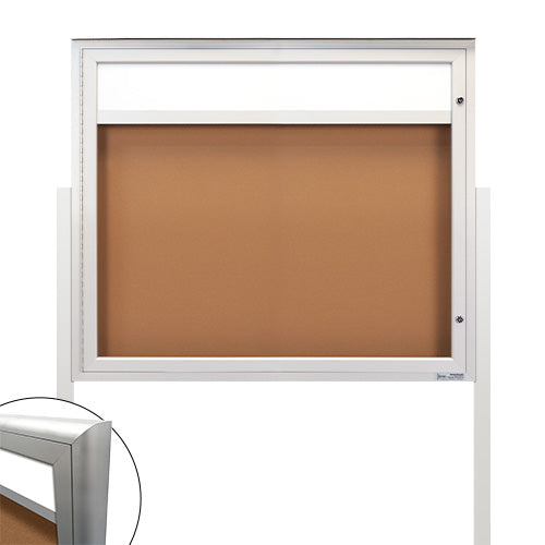 EXTREME WeatherPlus Radius Edge Outdoor Enclosed Bulletin Board Stand | Shown in Silver Finish in Landscape orientation