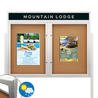 EXTREME WeatherPlus™ Radius Edge Enclosed Outdoor Bulletin Board Stand with Header | Shown in Silver Finish with 2 doors