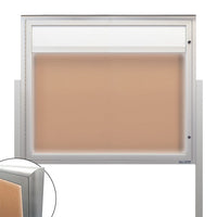 Freestanding EXTREME WeatherPLUS™ Radius Edge Outdoor Enclosed Bulletin Boards with Personalized Message Header + LED Lights | Shown in Silver Finish in Landscape Orientation