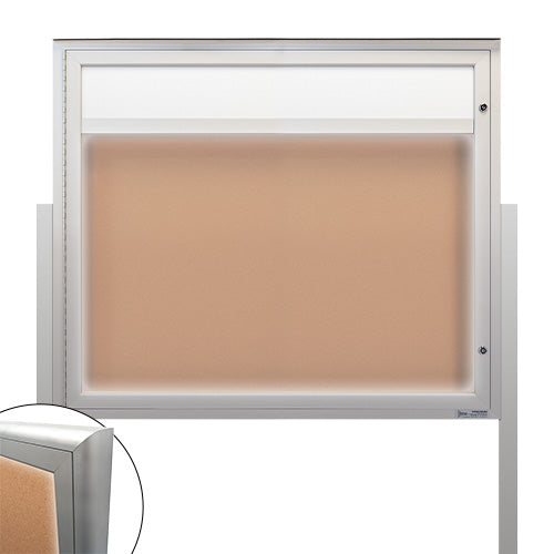 Freestanding EXTREME WeatherPLUS™ Radius Edge Outdoor Enclosed Bulletin Boards with Personalized Message Header + LED Lights | Shown in Silver Finish in Landscape Orientation