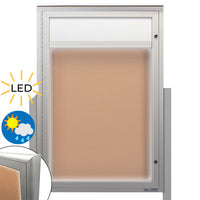 Freestanding EXTREME WeatherPLUS™ Radius Edge Outdoor Enclosed Bulletin Boards with Personalized Message Header + LED Lights | Shown in Silver Finish in Portrait Orientation