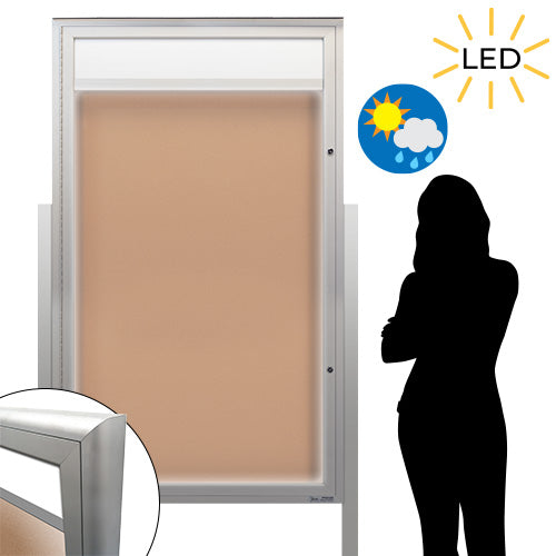 EXTREME WeatherPLUS™ XL Standing Radius Edge Outdoor Enclosed Bulletin Boards Personalized Header + LED LIGHTS | Single Door in 15+ Sizes