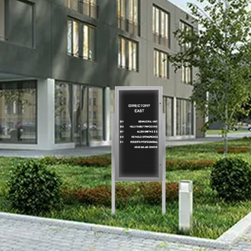 EXTREME WeatherPLUS Freestanding Extra-Large LED-Illuminated Outdoor Enclosed Letter Boards with Radius Edge | Shown in Satin Silver finish with Black Letterboard Panel
