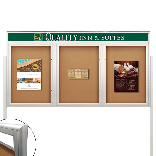 Freestanding EXTREME WeatherPlus™ Radius Edge Enclosed Outdoor Poster Cases with Custom Message Header | Shown In 3-Door Frame Finish