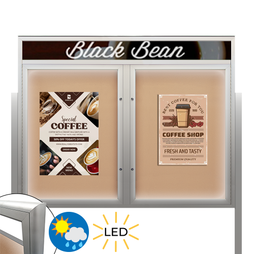 Freestanding EXTREME WeatherPlus™ Radius Edge Enclosed Outdoor Poster Cases with Message Header and LED Lighting | Locking 2 and 3 Door Display Cases 35+ Sizes
