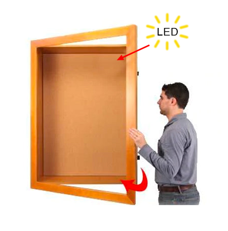 Large 1" Deep Shadow Box Display Cases LED Lighted with Cork Board and Bold Wide Wood SwingFrame 25+ Sizes