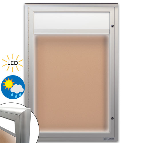 Extreme WeatherPlus Radius Edge Outdoor Bulletin Board Display Case with Header and LED Lighting | Shown with Silver Finish