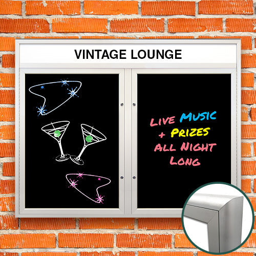 Extreme WeatherPlus Radius Edge Black Dry Erase Marker Board Case with Header | Shown with 2 Doors in Satin Silver Finish