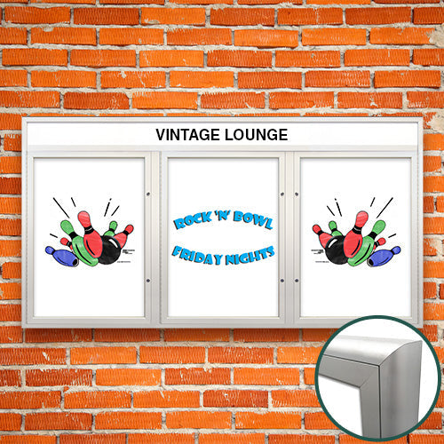 Extreme WeatherPlus Radius Edge White Dry Erase Marker Board Case with Header | Shown with 3 Doors in Satin Silver Finish