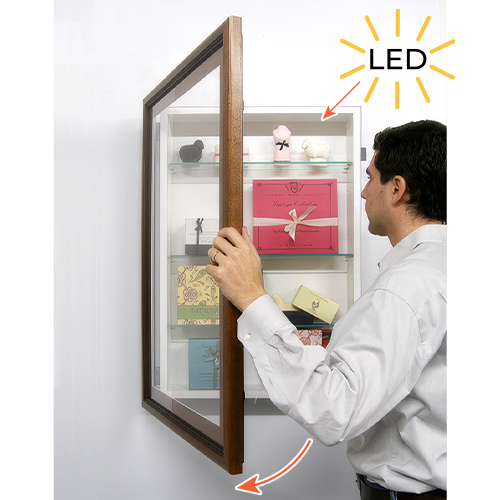 SwingFrame Designer Wood Wall Mount Lighted Display Case with Glass Shelves 16” Deep