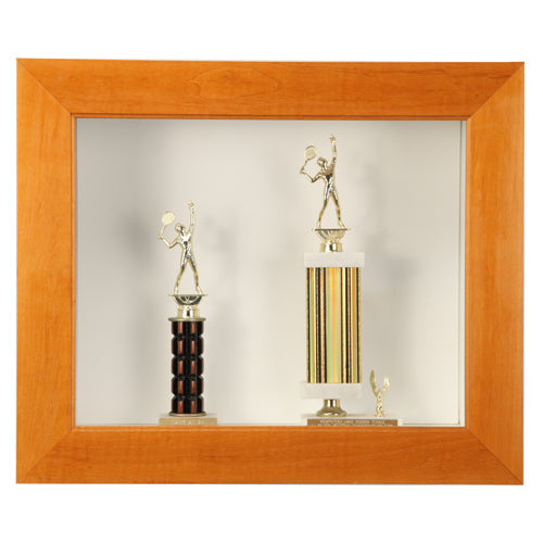 2 3/4" WIDE WOOD FRAMED SHADOWBOX (2" DEPTH) IS SHOWN IN HONEY MAPLE with WHITE BACKER BOARD INTERIOR
