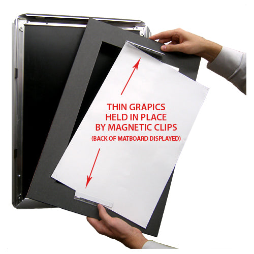 MAGNETIC CLAMPS ON BACK of 1" MATBOARD HOLD 12" x 18" POSTERS IN SNAP FRAME