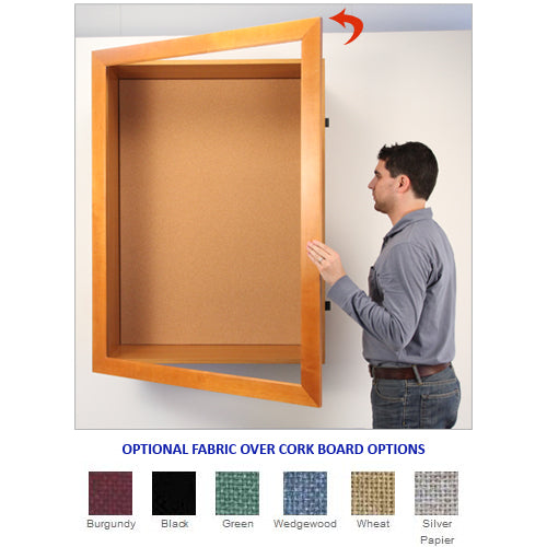 LARGE WIDE WOOD CORK SHADOW BOX with LED LIGHTING SWINGFRAME with 4" INTERIOR DEPTH (SHOWN in HONEY MAPLE) CAN HAVE AN OPTIONAL FABRIC PLACED OVER THE BULLETIN BOARD