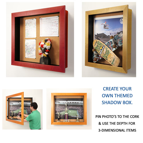  LARGE 6" DEEP WOOD SHADOW BOX DISPLAY CASES, LED LIT...with BULLETIN CORK BACKER CAN HOLD POSTINGS AS WELL AS 3-DIMENSIONAL ITEMS