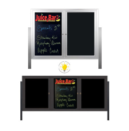 Outdoor Enclosed Dry Erase Marker Board with Posts and LED Lights (2 and 3 Doors) - Black Porcelain Steel