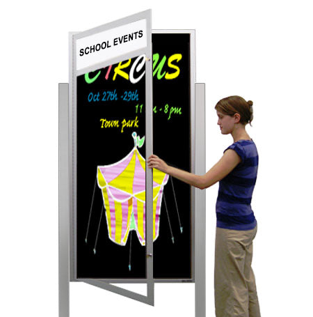 XL Outdoor Dry Erase Markerboard Display Stands with Radius Edge, Header and Lights - Black Porcelain Steel