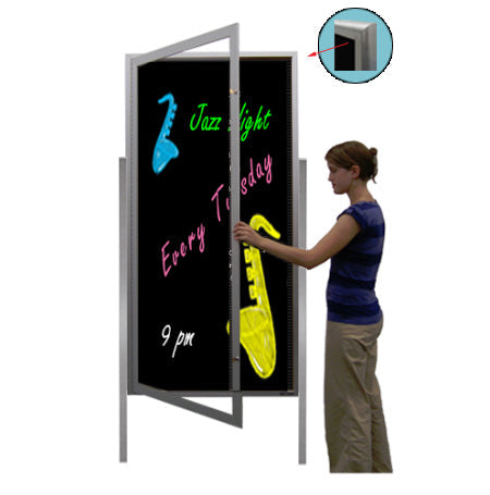 Extra Large Outdoor Dry Erase Marker Board SwingCases with Radius Edge, Lights and Leg Posts | Gloss Black Board Magnetic Porcelain Steel