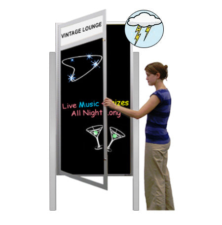 Extra Large Outdoor Dry Erase Marker Board SwingCases with Header and Legs | Gloss Black Board Message Board