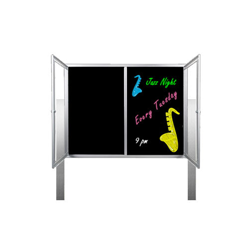 Outdoor Enclosed Dry Erase Marker Board with Posts and Lights (2 and 3 Doors) - Black Porcelain Steel