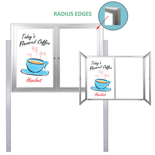 Outdoor Enclosed Dry Erase Markerboard with Posts and Radius Edge (2 and 3 Doors) - White Porcelain Steel