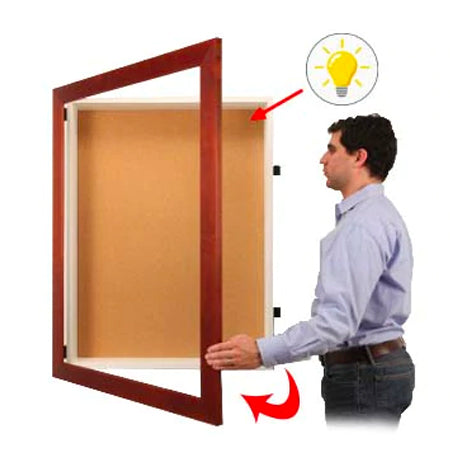 LED Lighted Large WIDE WOOD Framed Cork Board Shadow Box SwingFrames | 2-Inch Deep Shadowbox Interior + 12 Sizes