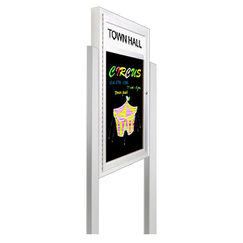 XL Outdoor Dry Erase Markerboard Display Stands with Radius Edge, Header and Lights - Black Porcelain Steel